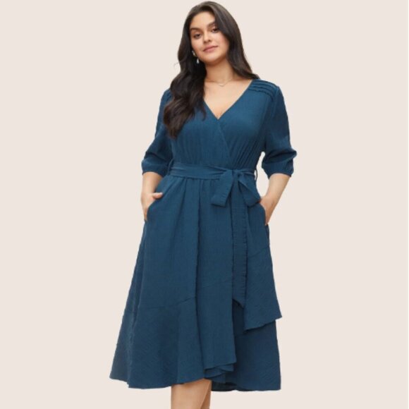 BloomChic Plus Size Plisse Overlap Collar Belted Pleated Detail Dress - Picture 1 of 7
